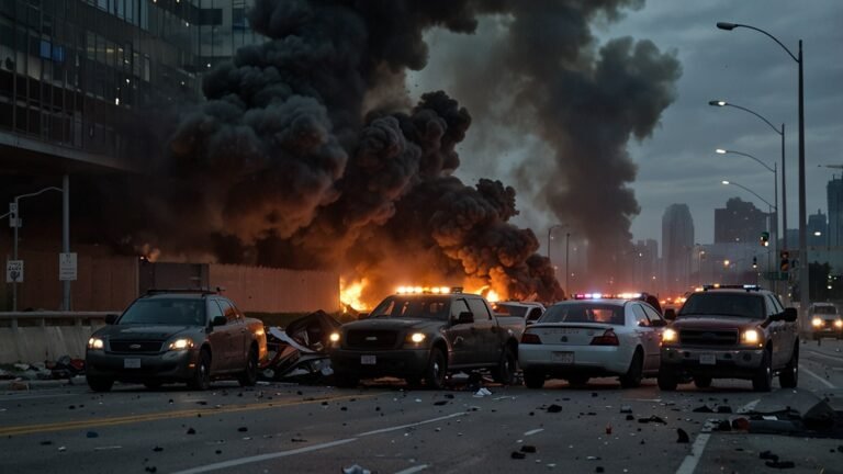 A chaotic scene on Toronto’s Gardiner Expressway at night, with mangled vehicles, scattered debris, and emergency lights illuminating the area as first responders work amidst the wreckage.