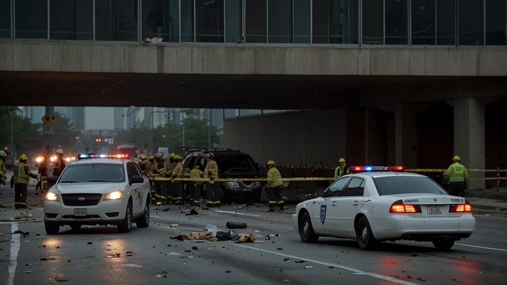 A chaotic scene on Toronto’s Gardiner Expressway with emergency responders attending to a multi-vehicle collision, debris scattered, and traffic halted.
