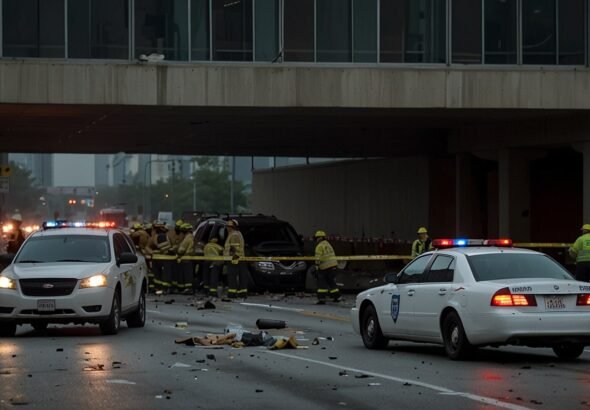 A chaotic scene on Toronto’s Gardiner Expressway with emergency responders attending to a multi-vehicle collision, debris scattered, and traffic halted.