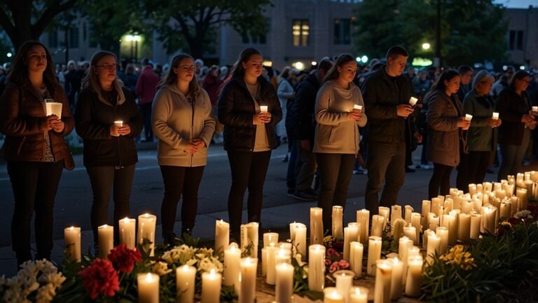 A crowd of people holding candles stands in a circle at dusk outside Annunciation Catholic Church in Minneapolis, with flowers and photos of victims Fletcher Merkel and Harper Moyski placed on a makeshift memorial.