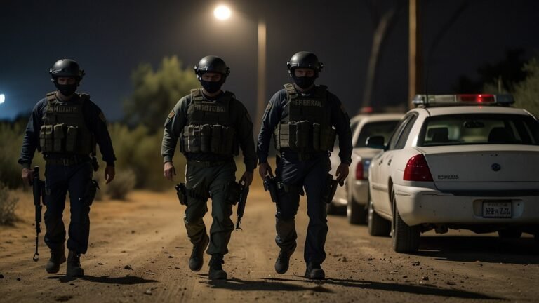 A group of federal agents in tactical gear apprehend suspects during a nighttime raid as part of Operation Sentinel, targeting illegal immigration and criminal activities in a U.S. border region.