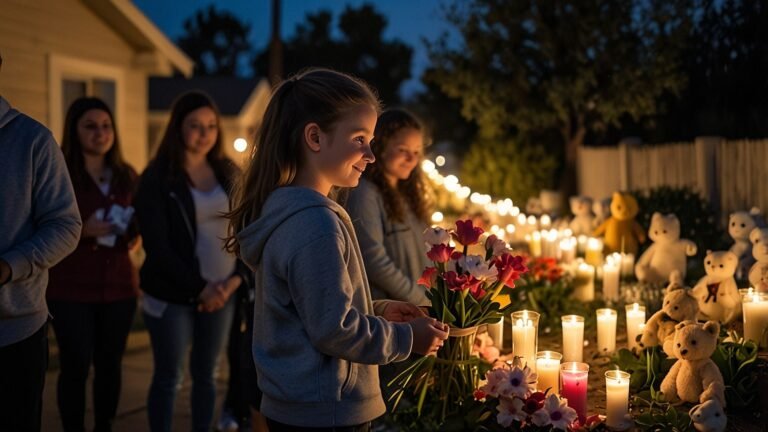 A group of people stands in a quiet El Portal neighborhood at dusk, holding candles and placing flowers and stuffed animals at a memorial for 4-year-old Lily Mitchell, with a small framed photo of her smiling face at the center.