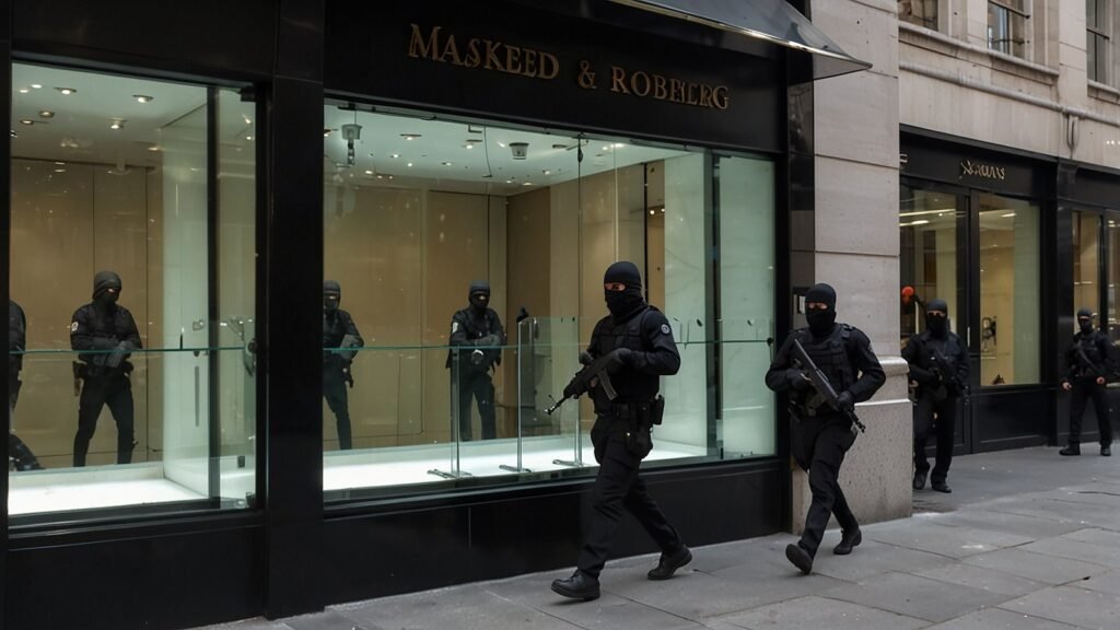 CCTV image showing masked robbers in black tactical gear smashing glass display cases inside a luxury jewelry store on New Bond Street, Mayfair, London, during a daylight heist on August 1, 2025.