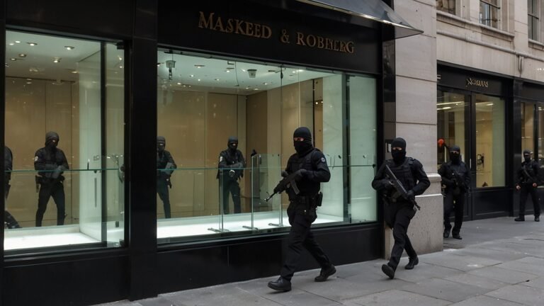 CCTV image showing masked robbers in black tactical gear smashing glass display cases inside a luxury jewelry store on New Bond Street, Mayfair, London, during a daylight heist on August 1, 2025.