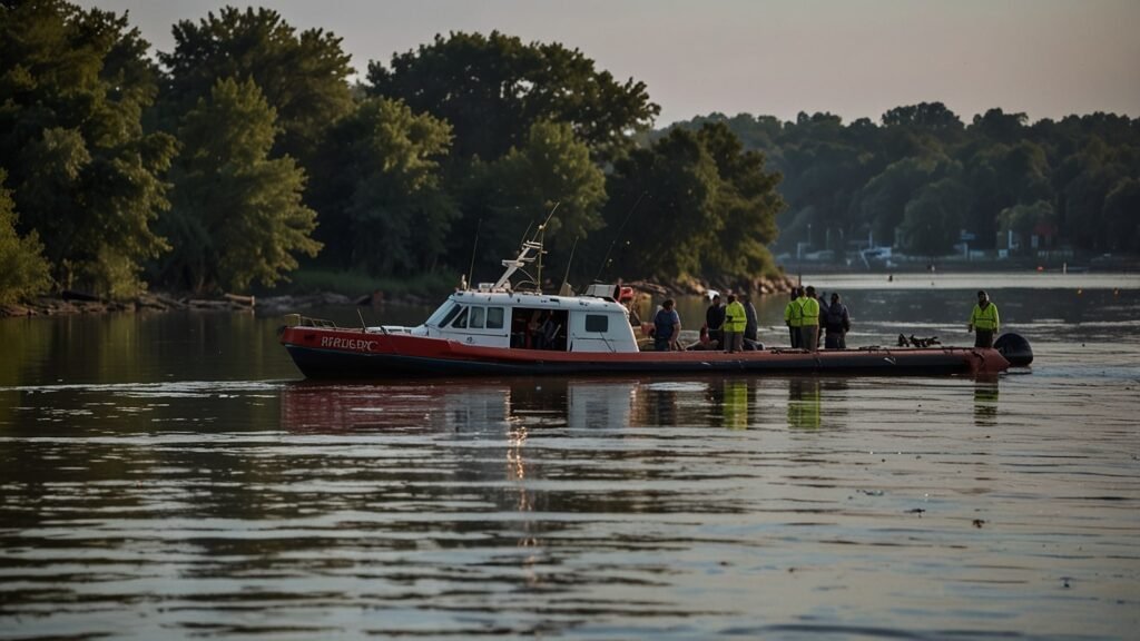 Emergency responders survey the wreckage of a helicopter crash in the Mississippi River near East Alton, Illinois, where debris is scattered near a barge under dim evening light.