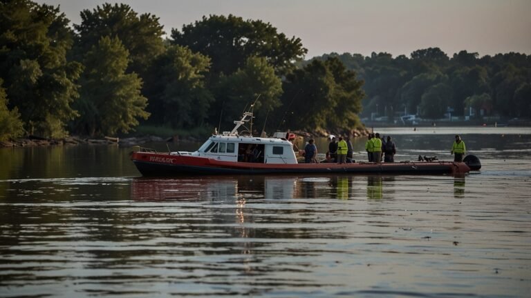 Emergency responders survey the wreckage of a helicopter crash in the Mississippi River near East Alton, Illinois, where debris is scattered near a barge under dim evening light.