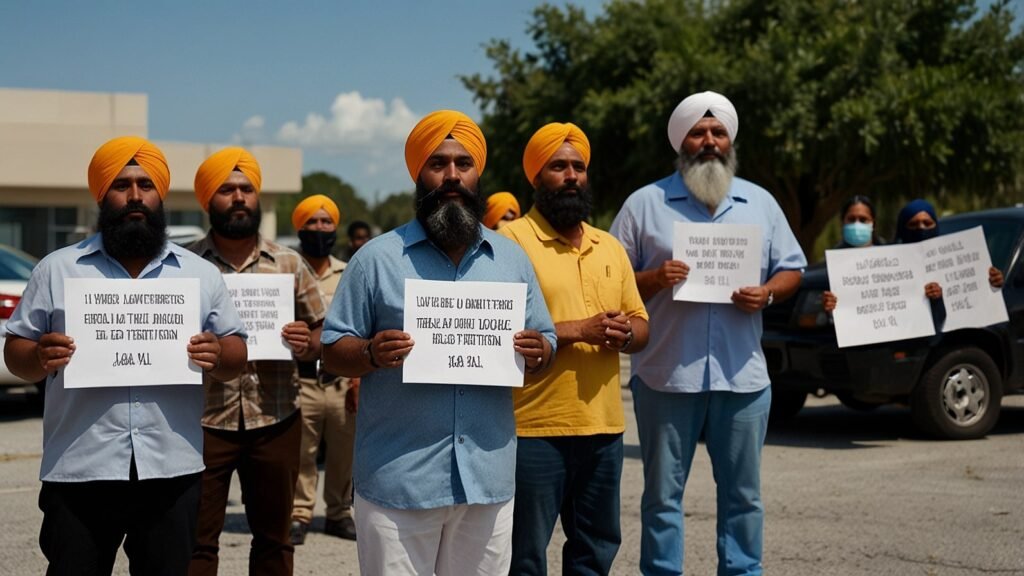 Sikh community members gather outside St. Lucie County Jail in Fort Pierce, Florida, holding signs and praying during a rally on August 28, 2025, in support of truck driver Harjinder Singh, charged in a fatal Florida Turnpike crash.