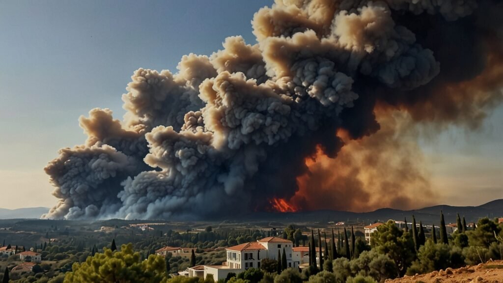 Thick smoke rises over burning forests in Kefalonia, Greece, as firefighters battle raging wildfires on August 28, 2025, with evacuated residents and tourists fleeing the advancing flames.