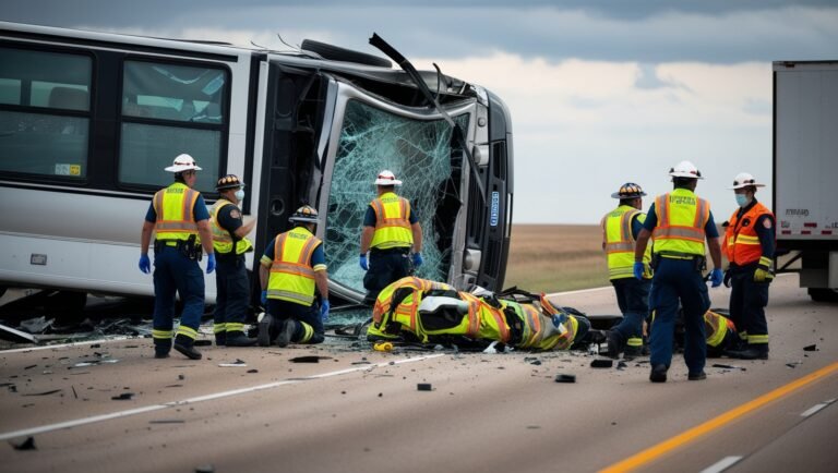 Emergency responders attend to overturned bus wreckage on Interstate 20 near Midland, Texas, after a deadly collision with a truck on August 1, 2025.