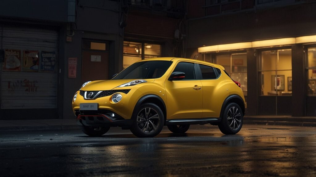 2025 Nissan Juke crossover in Fuji Sunset yellow, parked in a vibrant urban setting, highlighting its refreshed grille and sleek LED headlights.