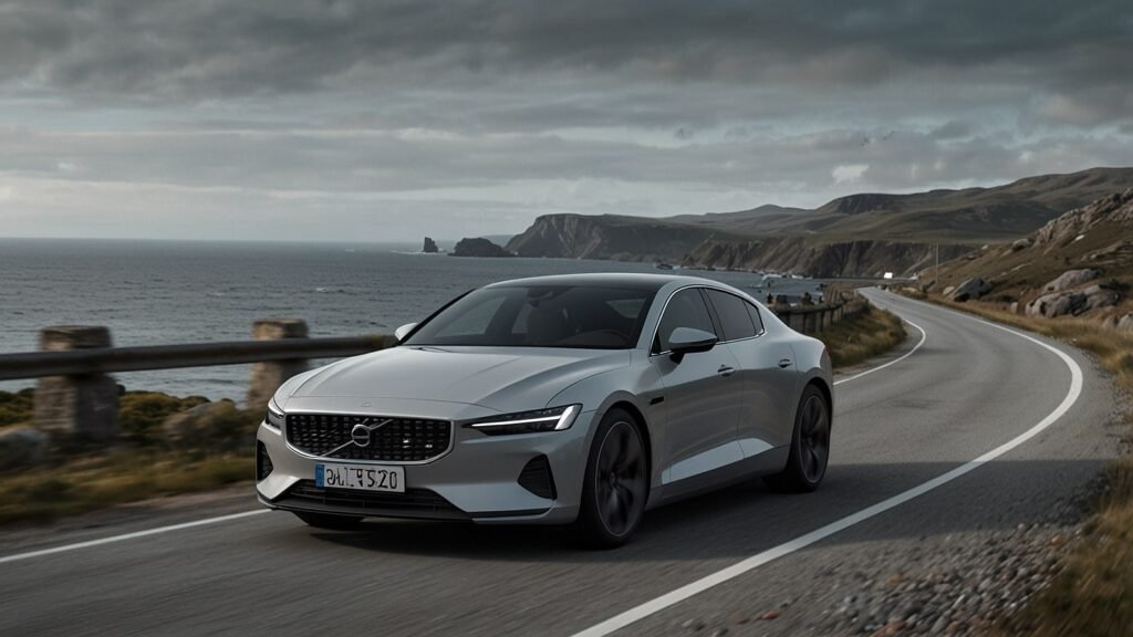 2025 Polestar 5 GT, a luxury electric grand tourer in Arctic Silver, cruising along a scenic coastal highway with sleek design and dynamic lines.