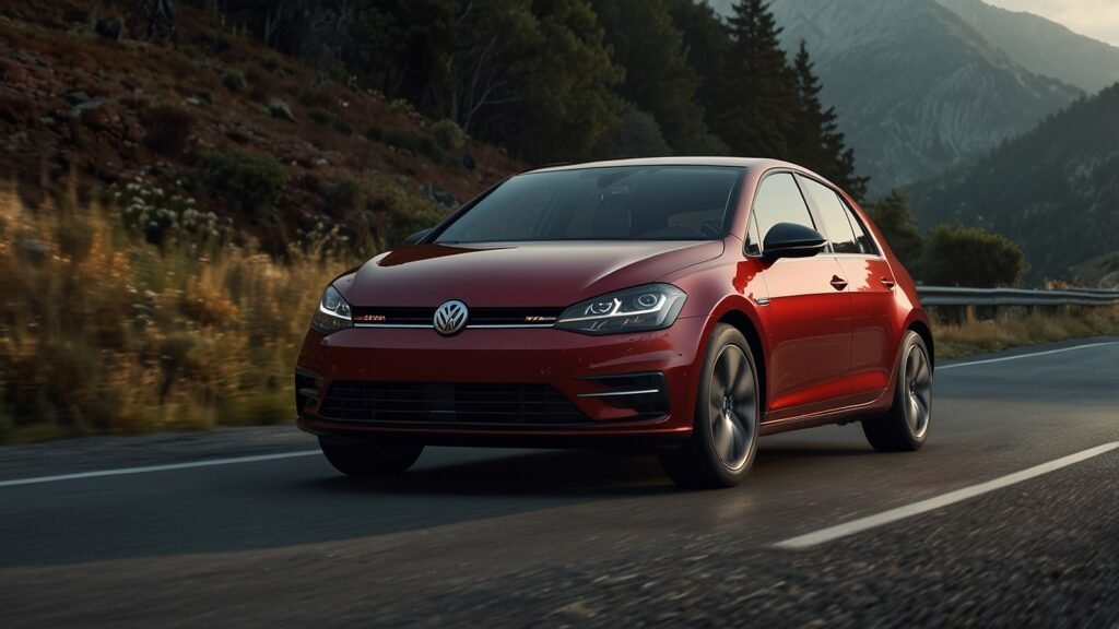 2025 Volkswagen Golf hatchback in Kings Red metallic, parked on a scenic mountain road, highlighting its illuminated VW badge and matrix LED headlights.