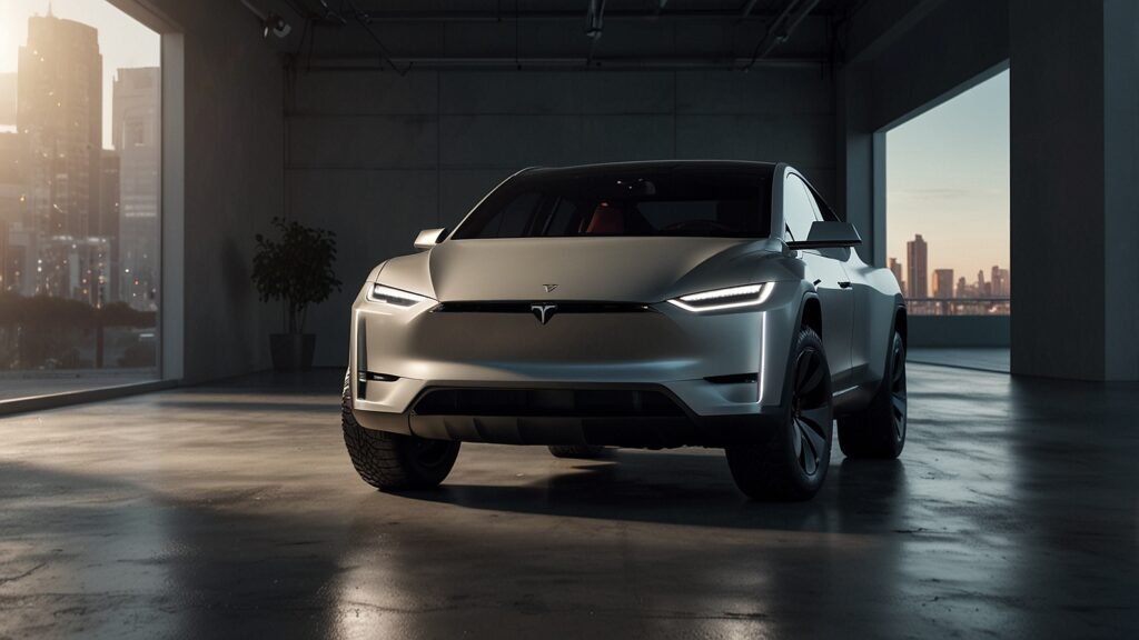 A Tesla Cybertruck, with its angular stainless-steel design, showcased in a modern showroom under bright lighting, highlighting its futuristic aesthetic.