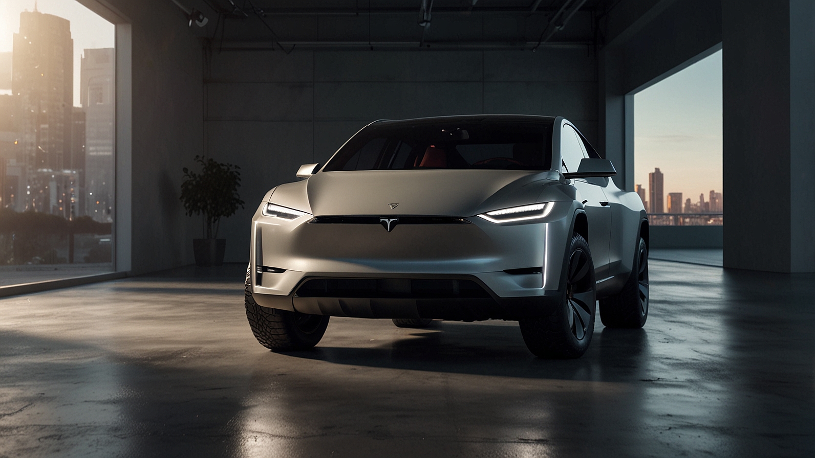 A Tesla Cybertruck, with its angular stainless-steel design, showcased in a modern showroom under bright lighting, highlighting its futuristic aesthetic.