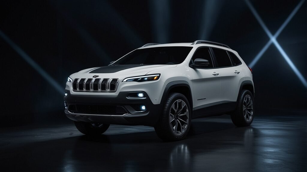 A sleek 2025 Jeep Cherokee concept vehicle displayed on a stage with its iconic seven-slot grille and modern LED headlights under vibrant lighting.