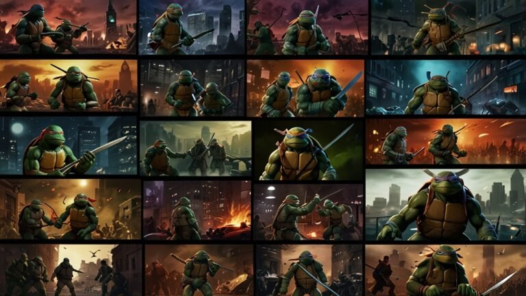Collage of Teenage Mutant Ninja Turtles from top storylines, including Mirage Comics "City at War," IDW's "The Last Ronin," and the 1990 live-action film, featuring Leonardo, Raphael, Donatello, and Michelangelo in action.