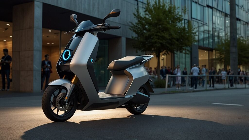 BMW Vision CE electric scooter showcased at IAA Mobility 2025 in Munich, featuring self-balancing technology and an open aluminum cage design for urban mobility.