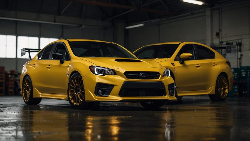 Vibrant yellow 2026 Subaru WRX Series.Yellow and BRZ Series.Yellow sports cars on display at Boxerfest 2025, showcasing exclusive design and performance features.