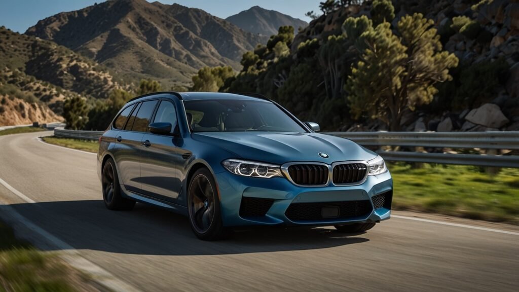 Aggressive 2026 BMW M5 Touring Hybrid in Storm Bay Metallic, showcasing wide kidney grille, quad exhaust, and extended wagon roofline at Monterey Car Week 2025.