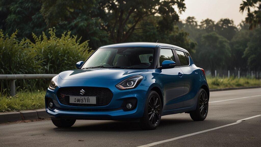Vibrant blue Maruti Swift 2025 speeding along a coastal road, showcasing its sleek design, LED projector headlights, and sporty alloy wheels under a bright sunny sky.