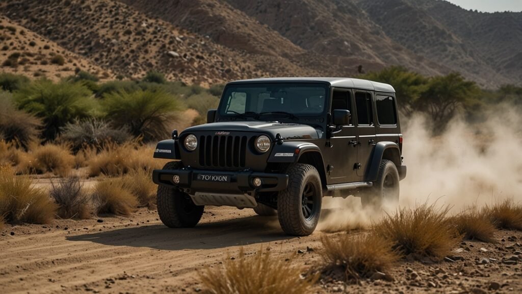 Stealth Black Mahindra Thar 2025 parked on a rocky desert trail, showcasing its iconic boxy design, LED headlights, and 18-inch alloy wheels under a golden sunset sky.