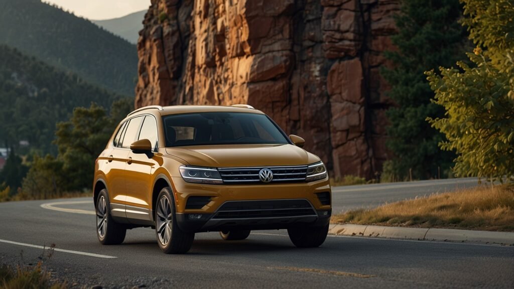 White 2025 Volkswagen Tiguan SUV cruising along a mountain road, highlighting its modern design and spacious cargo area.