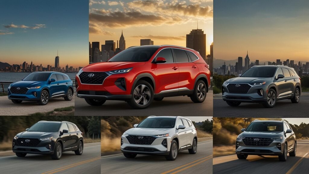 Collage of top 2025 new car launches in America including Hyundai IONIQ 5 EV, Jeep Wagoneer S electric SUV, and Toyota Grand Highlander Hybrid for eco-friendly driving