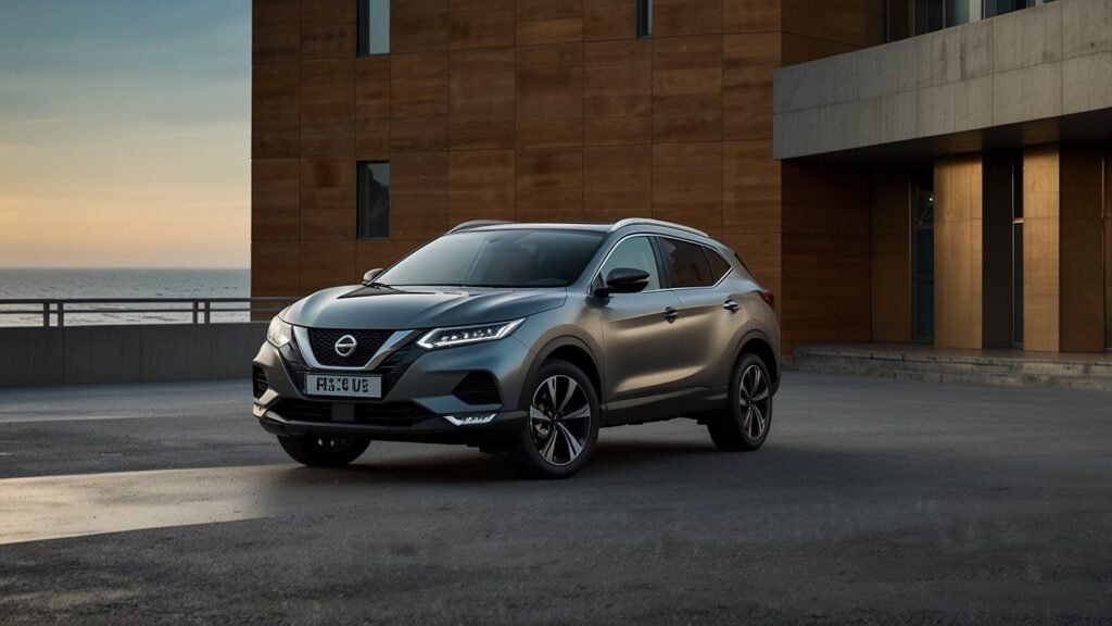 2025 Nissan Qashqai compact SUV in a sleek silver finish parked on a scenic coastal road, showcasing its updated V-motion grille and LED headlights.