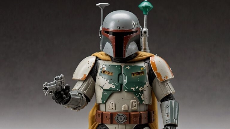 Close-up of a rare 1979 Rocket-Firing Boba Fett Star Wars prototype figure, the most valuable retro toy in 2025, displayed with vintage packaging.