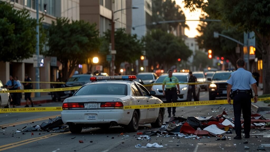 Emergency responders work amidst the wreckage of a multi-vehicle crash on Main Street in Santa Ana, California, with twisted cars and police tape visible under evening light on August 4, 2025.