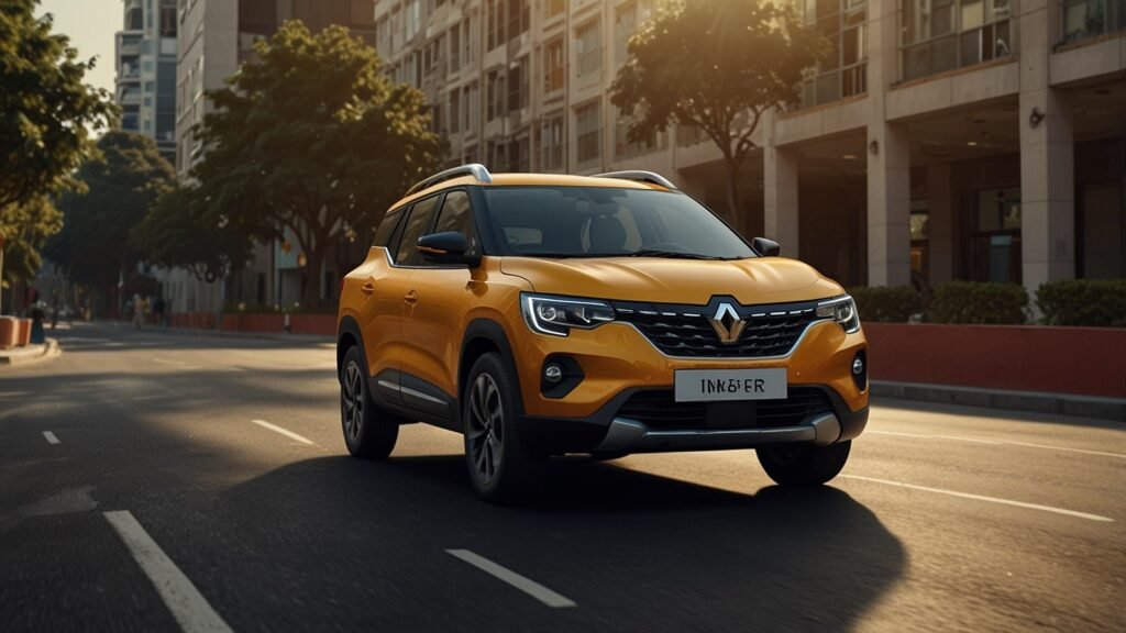 Front view of the 2025 Renault Triber 7-seater MPV in Amber Terracotta, featuring sleek LED headlights, modern grille, and versatile seating for family adventures.