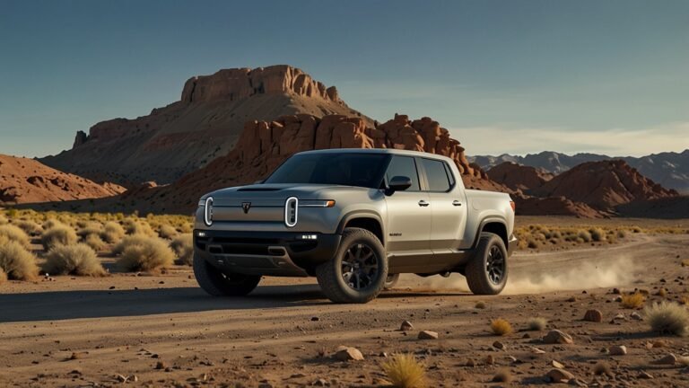 Dynamic 2025 Rivian R1T electric pickup truck navigating a rocky off-road trail, featuring 480-mile range, 1,025-horsepower quad-motor performance, and 15-inch ground clearance, embodying latest EV upgrades for adventure and sustainability.