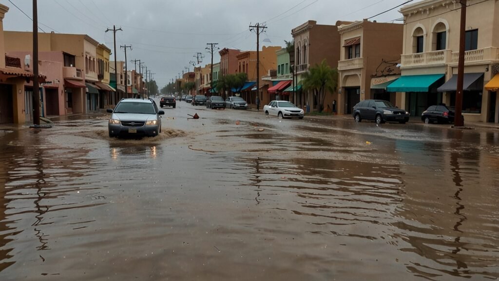 Floodwaters inundate a street in Cabo San Lucas, Mexico, with debris scattered and emergency responders assisting residents amidst the aftermath of Hurricane Lorena’s landfall on September 5, 2025.