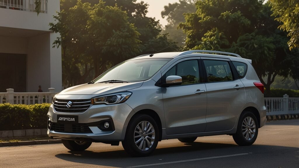 Maruti Ertiga 2025, a sleek silver 7-seater MUV parked on a scenic road, showcasing its modern design, spacious interior, and CNG efficiency for Indian families.