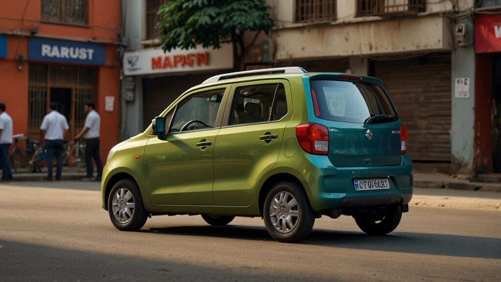 Maruti Wagon R 2025 compact hatchback parked on a bustling Indian city street, showcasing its tall-boy design and vibrant color.