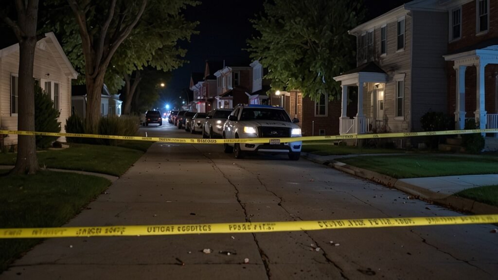 Police tape cordons off a quiet residential street in Fort Dodge, Iowa, at night, with police vehicles and officers visible in the background following a fatal shooting on September 2, 2025.