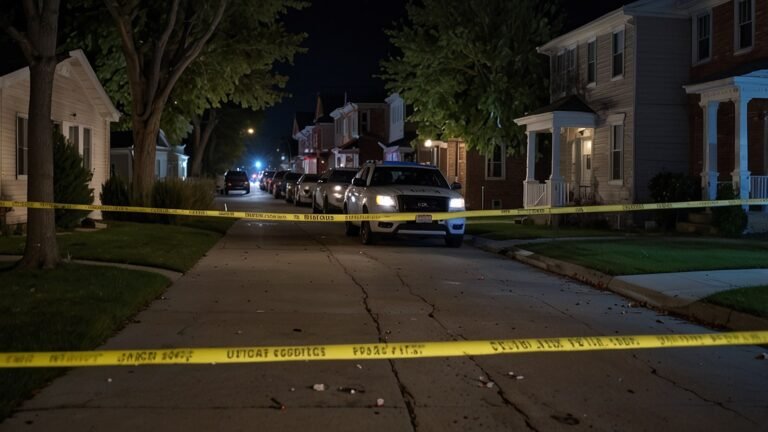 Police tape cordons off a quiet residential street in Fort Dodge, Iowa, at night, with police vehicles and officers visible in the background following a fatal shooting on September 2, 2025.