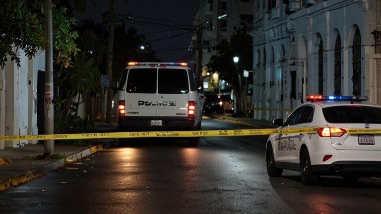 Police vehicles and yellow tape block off Ashford Avenue in San Juan’s Condado district at night, with officers investigating a fatal shooting scene on September 5, 2025.
