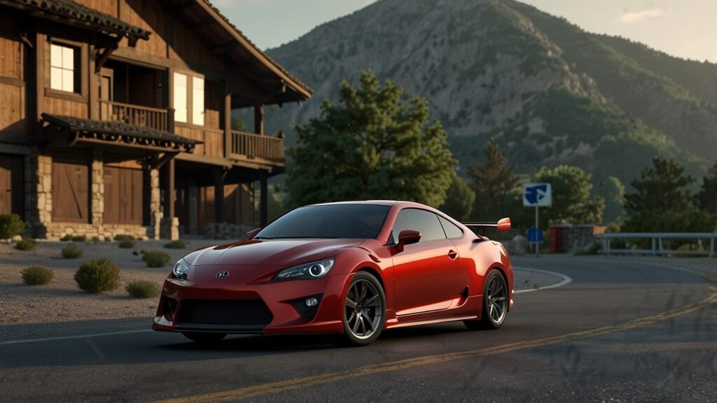 Render of a sleek 2025 Toyota Celica GT-Four concept car with a wide-body design, aggressive front fascia, and rally-inspired aesthetics, parked on a scenic road with a Gran Turismo 4 logo in the background.