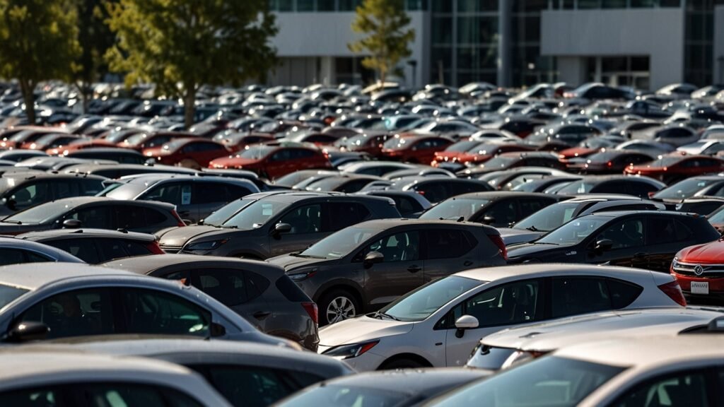 Rows of new 2025 vehicles, including electric cars and hybrids, parked at a bustling US dealership lot, showcasing the inventory surge ahead of 2026 models.