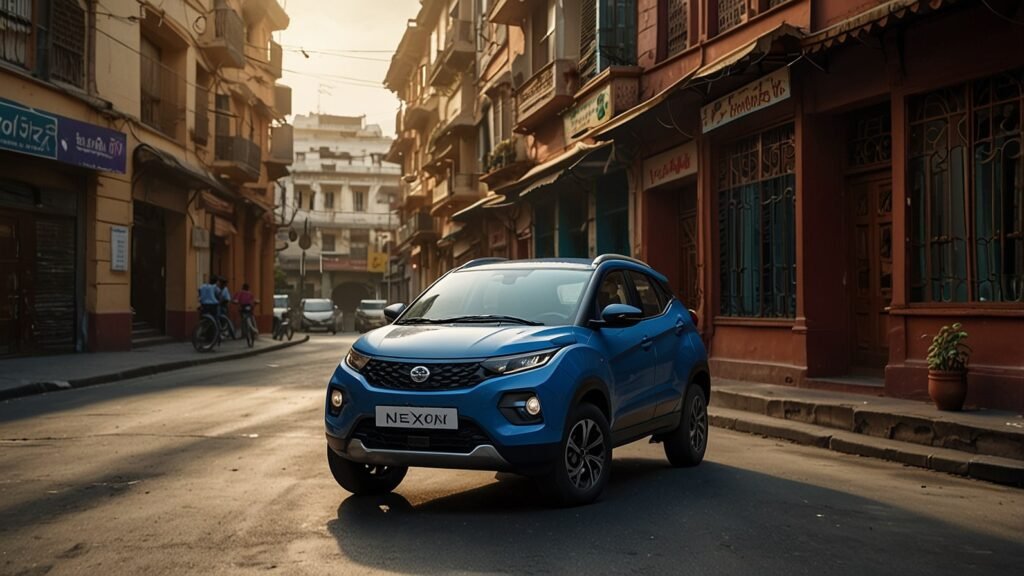 Tata Nexon 2025 compact SUV in Royale Blue, parked on a vibrant Indian city street, highlighting its sleek design and modern features.