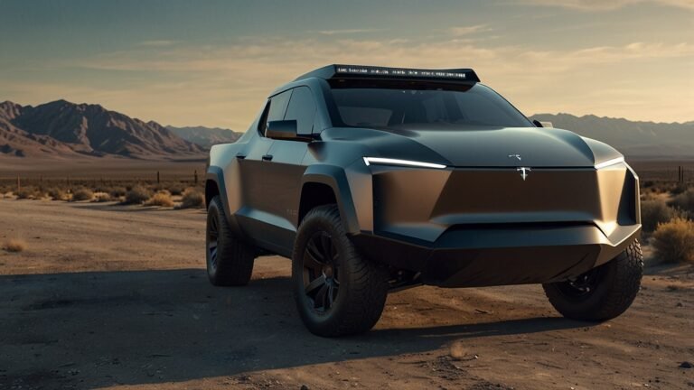 A futuristic 2025 Tesla Cybertruck electric pickup truck with enhanced range over 600 miles, tri-motor performance, and stainless-steel exoskeleton, parked on a rugged trail under a clear sky, highlighting latest EV upgrades for off-road and daily driving.