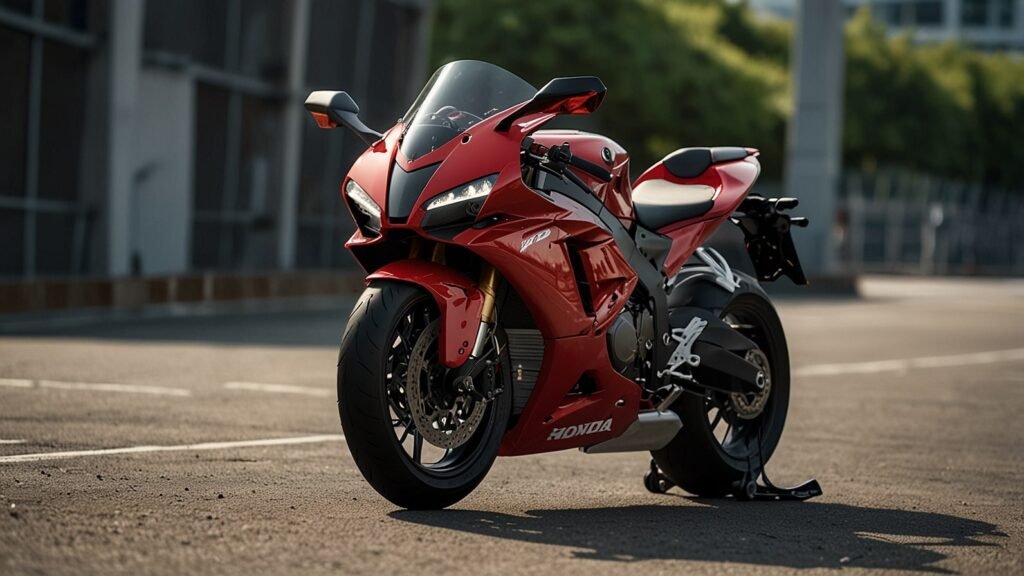 Honda CBR1000RR-R Fireblade 2025 superbike on a racetrack in Japan, showcasing its MotoGP-inspired winglets and 217 bhp engine at the Tokyo Motorcycle Show.