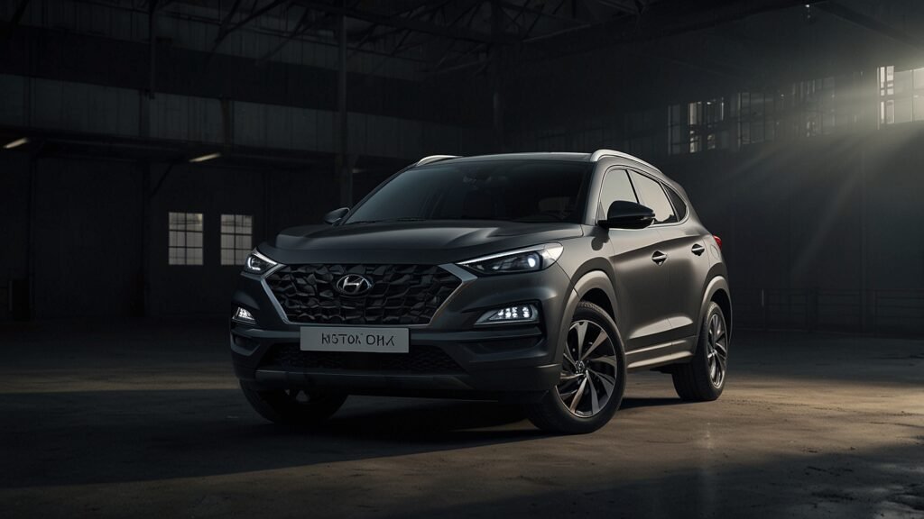 2025 Hyundai Tucson Hybrid SUV parked on a scenic Indian road with modern design, LED headlights, and vibrant Abyss Black Pearl color.