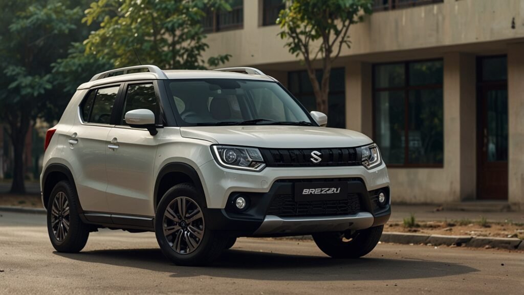Maruti Brezza 2025 compact SUV in Exuberant Blue, parked on a lively Indian street, showcasing its rugged style and modern LED headlamps.