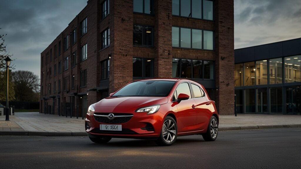 2025 Vauxhall Corsa Electric in vibrant red, parked in an urban cityscape, highlighting its bold Vizor grille and sleek LED headlights.