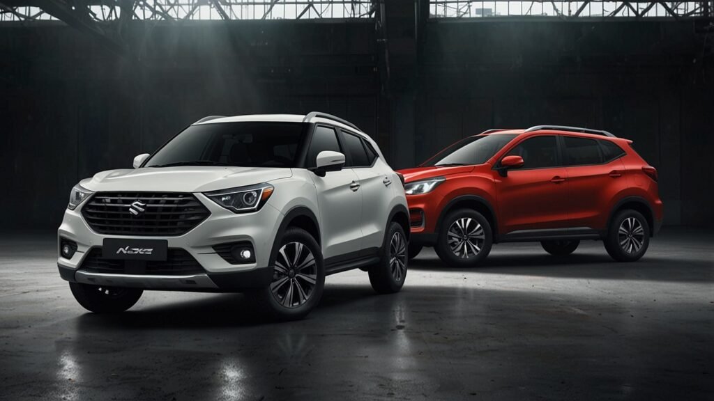 Red Maruti Fronx crossover SUV parked on a scenic road, showcasing its sleek coupe-like design, LED headlights, and bold front grille under a clear blue sky.