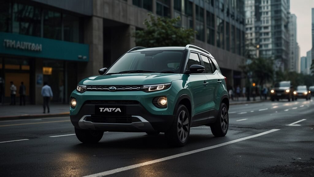 Tata Punch small SUV navigating city streets, highlighting compact design, five-star safety features, and agile urban performance for efficient driving in India.