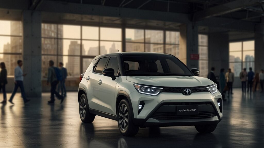 Toyota Urban Cruiser Hyryder hybrid SUV cruising through city streets, showcasing advanced features, eco-friendly design, and impressive mileage for urban driving in India.