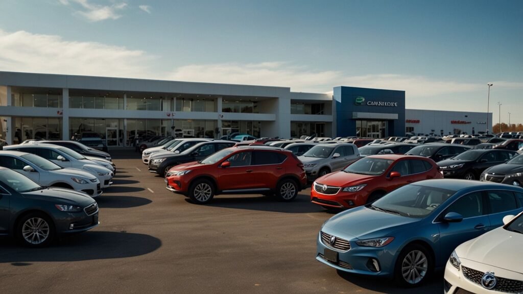 A modern car dealership lot with a mix of electric and gas-powered vehicles under a bright sky, reflecting the evolving 2025 auto market.
